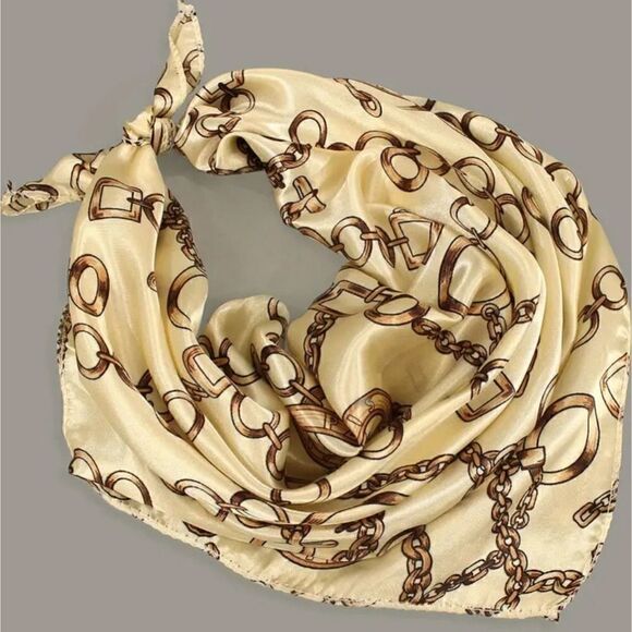 Vintage Style Chain Print Square Scarf Beige and Brown Elegant Satin Neckerchief - Picture 3 of 8